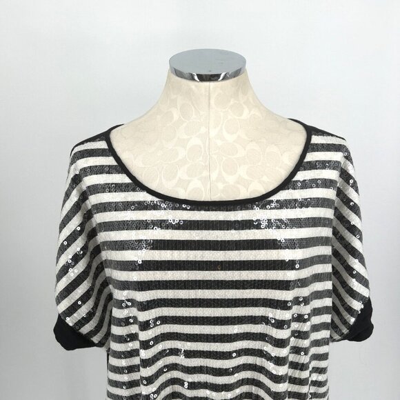 Lane Bryant Sequin Top Sz 26/28 Black White Short Sleeve Zip Back Cotton Blend - Picture 2 of 6